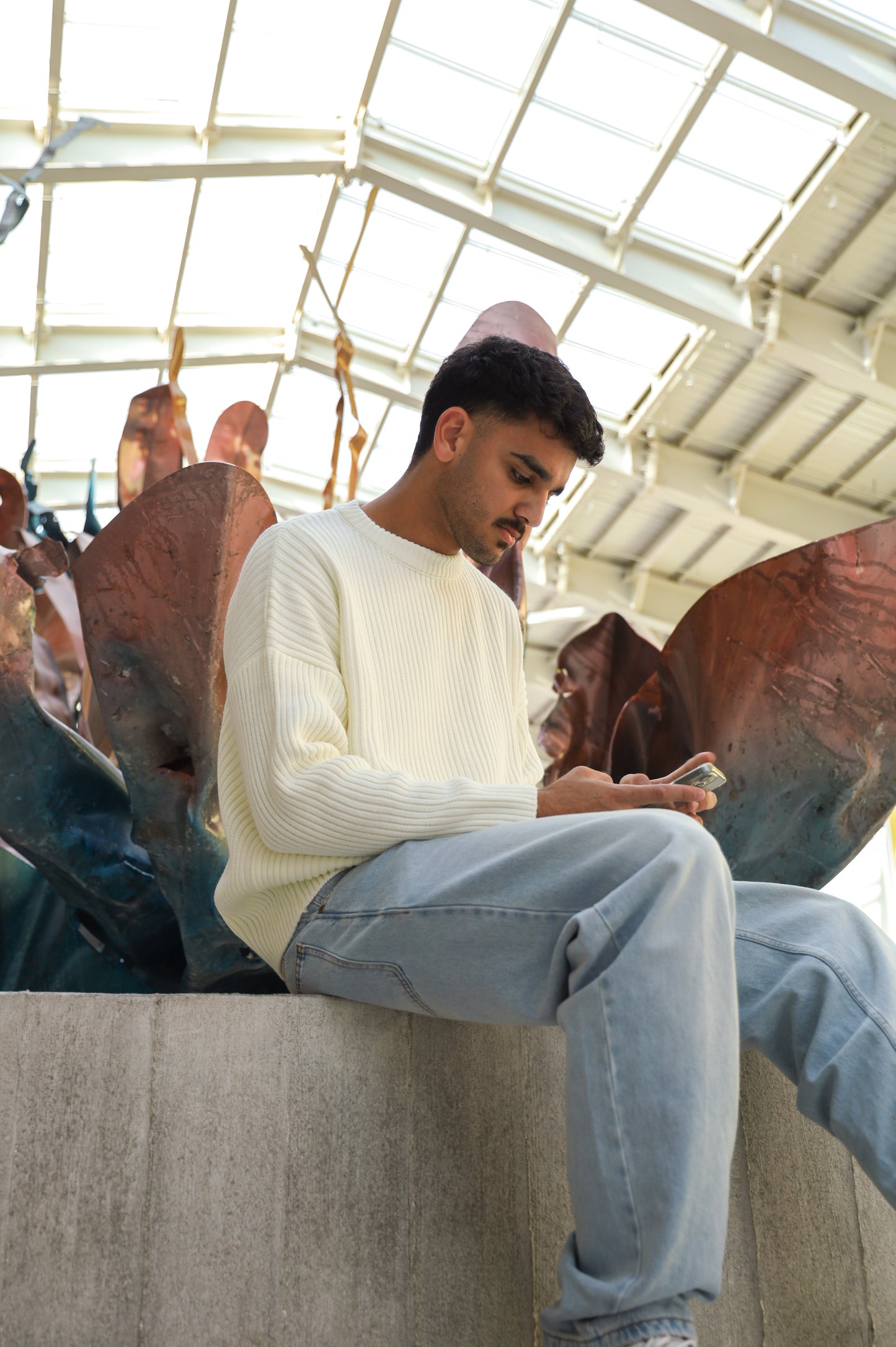 Cream Ribbed Knit Crewneck