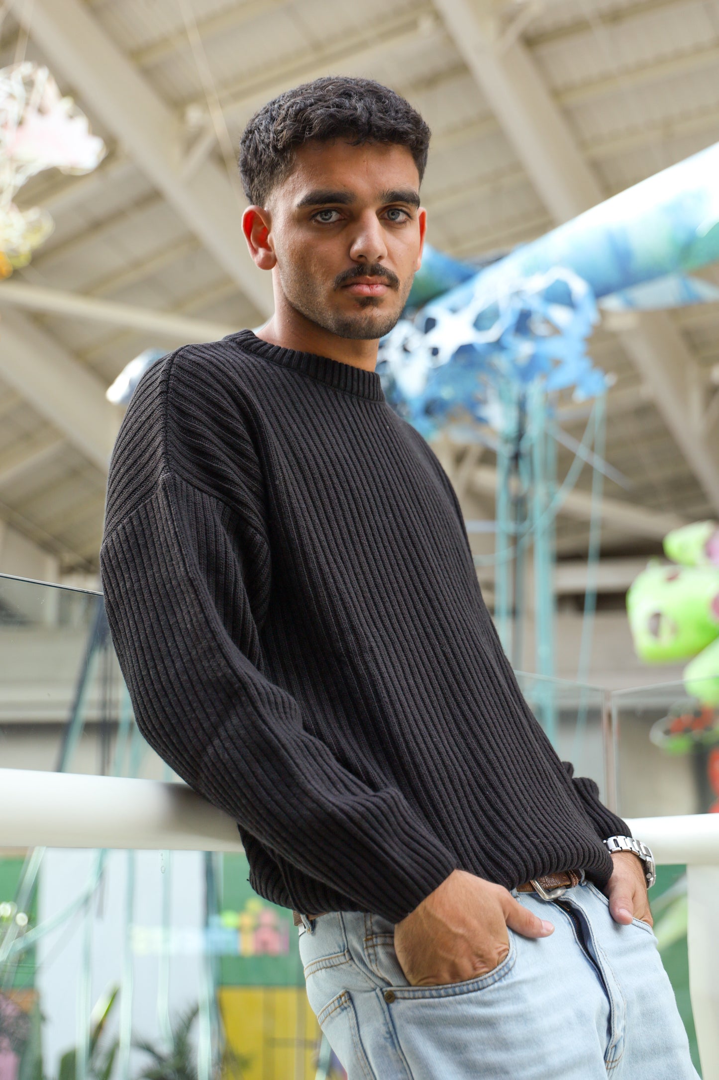 Black Ribbed Knit Crewneck