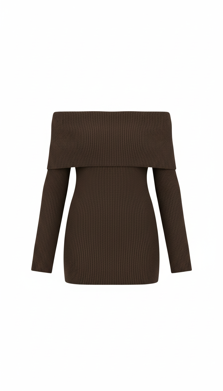 Brown off-shoulder ribbed Dress